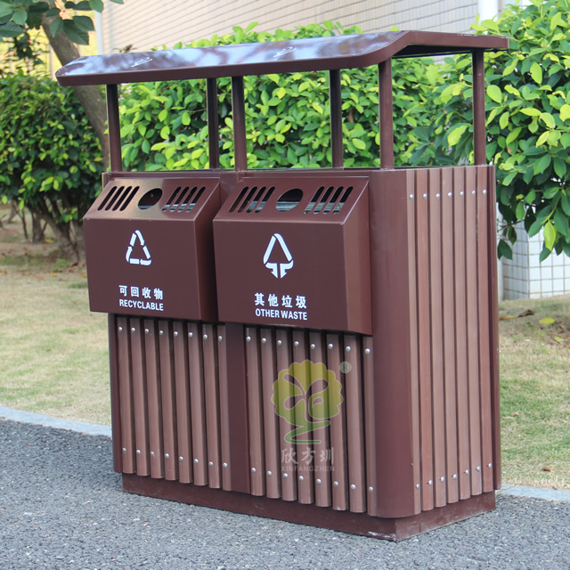  進口實木分類鋼木垃圾桶