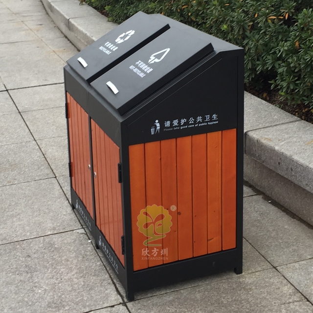 街道帶蓋分類鋼木垃圾箱