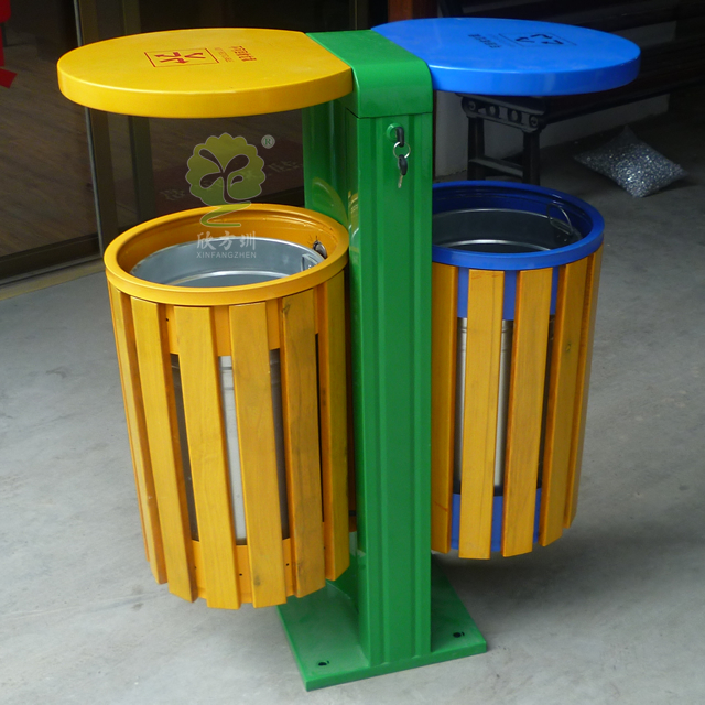 圓柱形兩分類鋼木垃圾桶